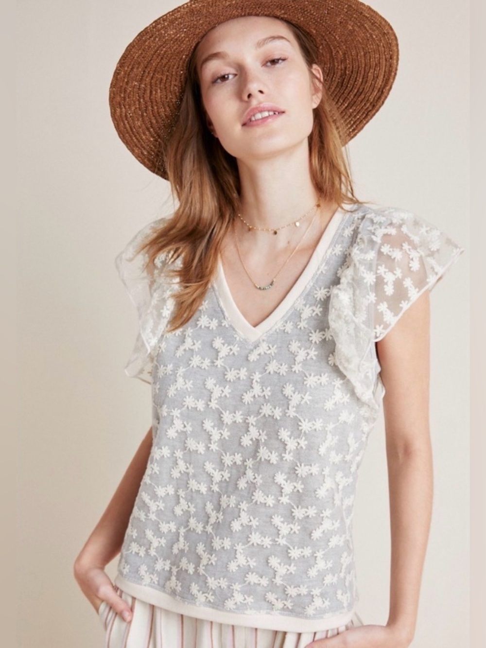 AMADI x ANTHROPOLOGIE Applique Floral Flutter Sleeve Blouse in Gray Cream